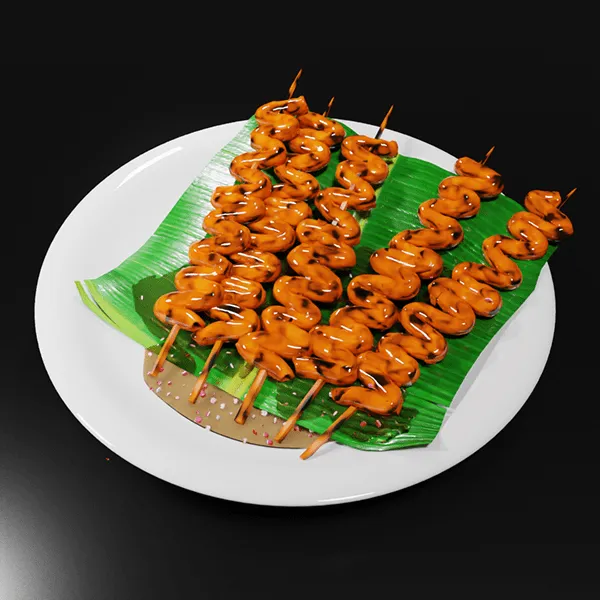 3D render of grilled skewers on a banana leaf