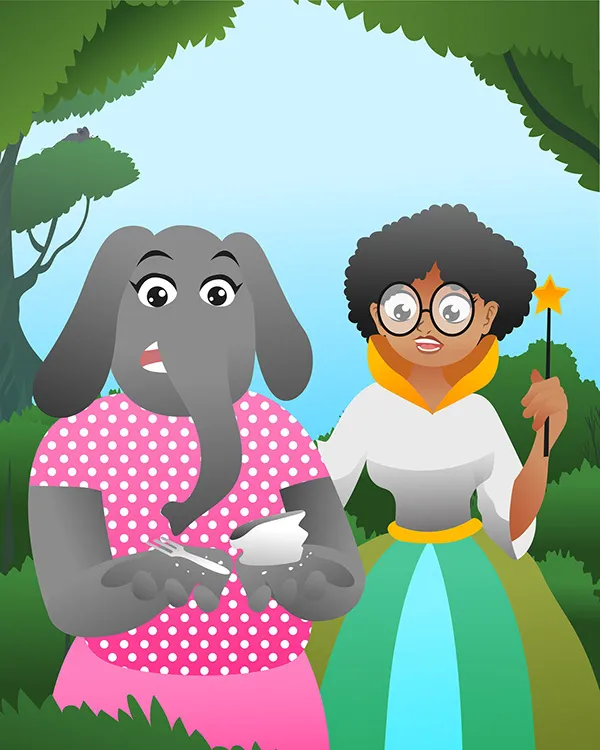 Children's book scene with an elephant and a girl in a forest