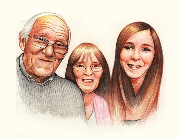 Coloured pencil portrait of a family