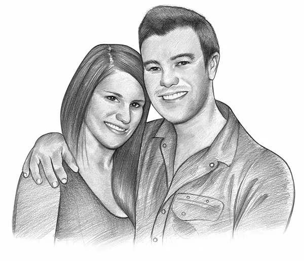 Pencil portrait of a smiling couple