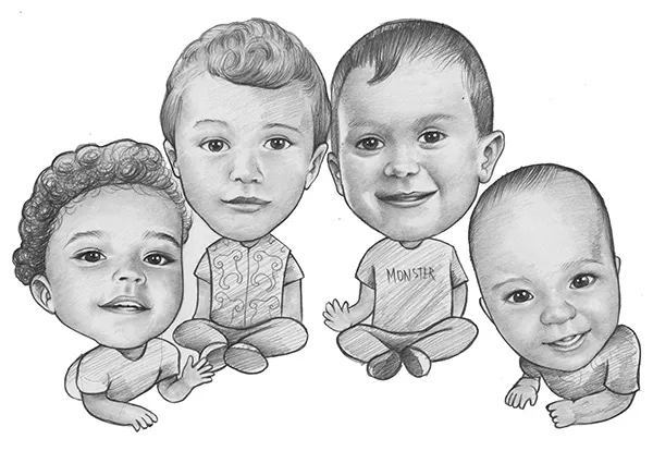 Pencil caricature of four children