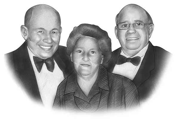 Pencil portrait of three elderly friends in formal wear