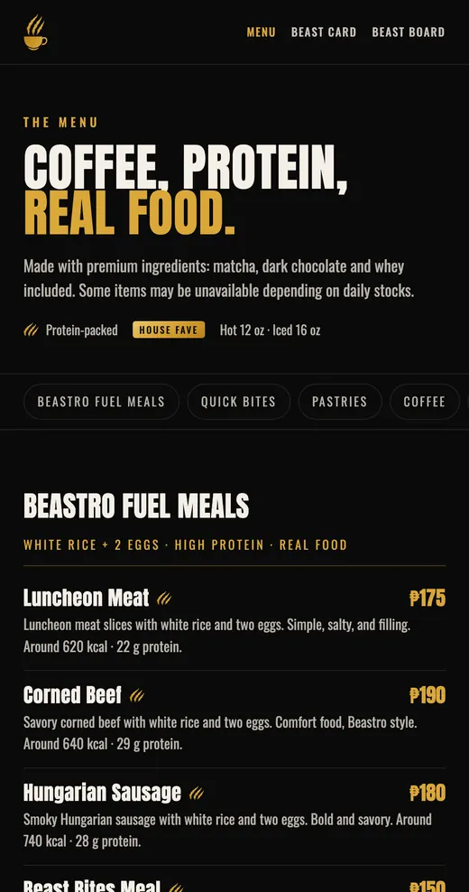 Beastro's menu page on a phone
