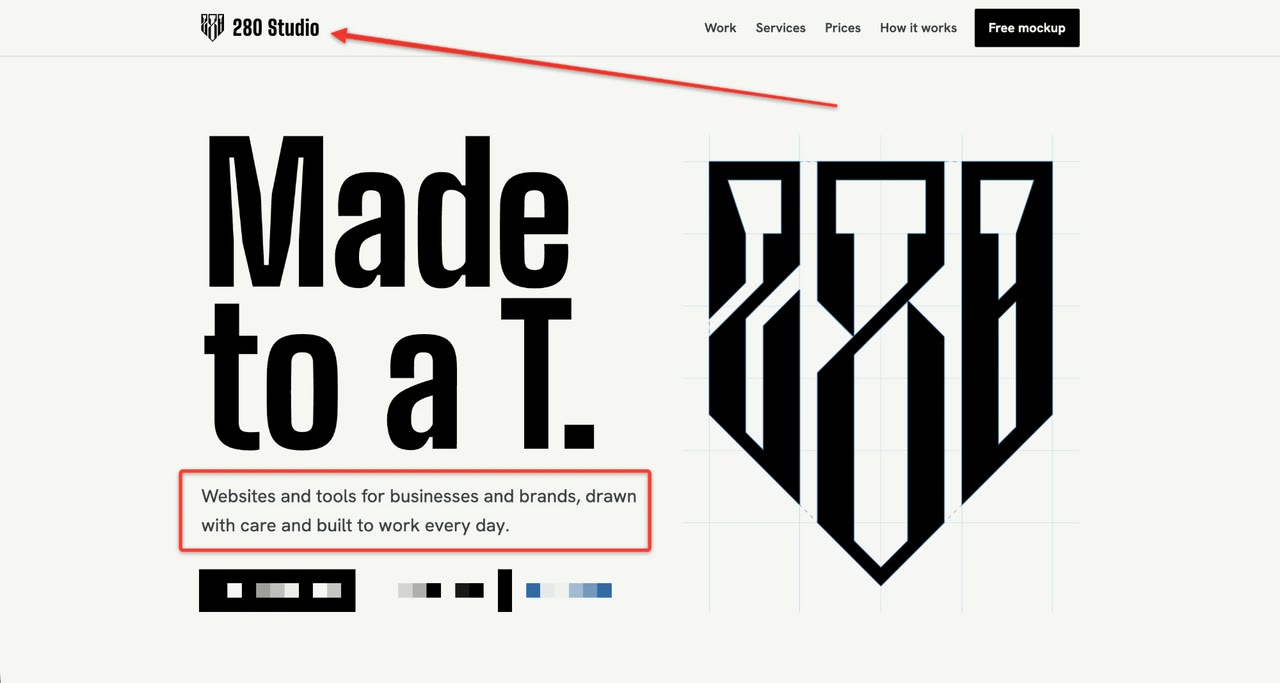 A screenshot of the 280 Studio website marked up in Dex280 with an arrow, a red box and a blurred area