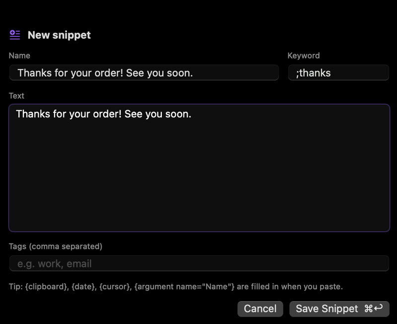 The Dex280 New snippet window with the keyword ;thanks and the text Thanks for your order! See you soon.