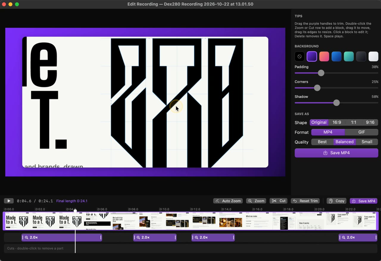 The Dex280 video editor zoomed in on a click, with zoom blocks on the timeline and a Save MP4 button