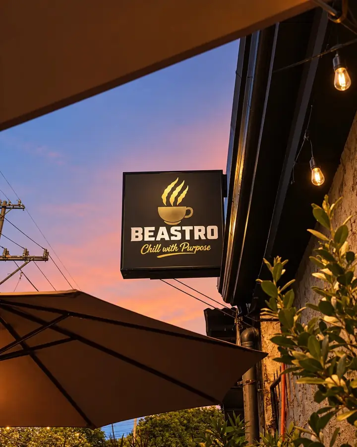 Beastro café sign at sunset