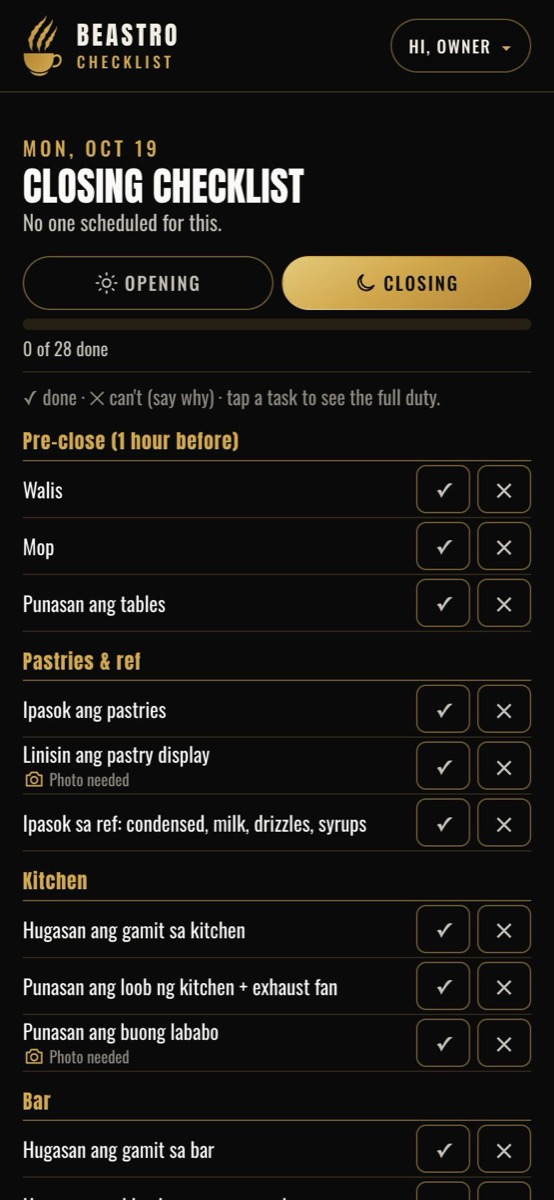 Closing checklist on a phone