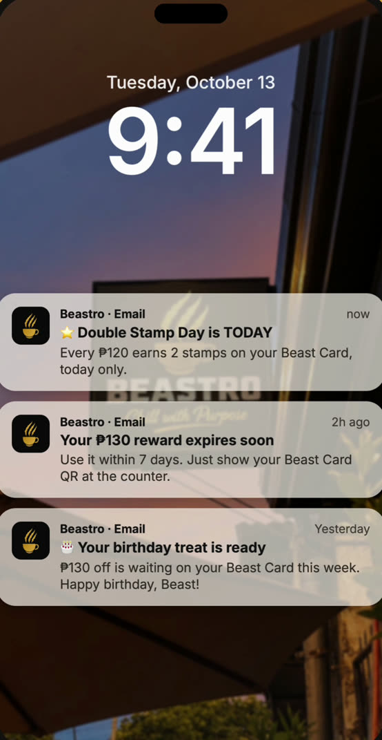 Phone lock screen with Beastro reminders: Double Stamp Day, reward expiring, birthday treat