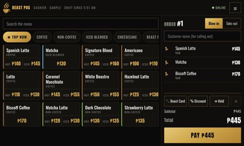 Beast POS register screen with a sample order